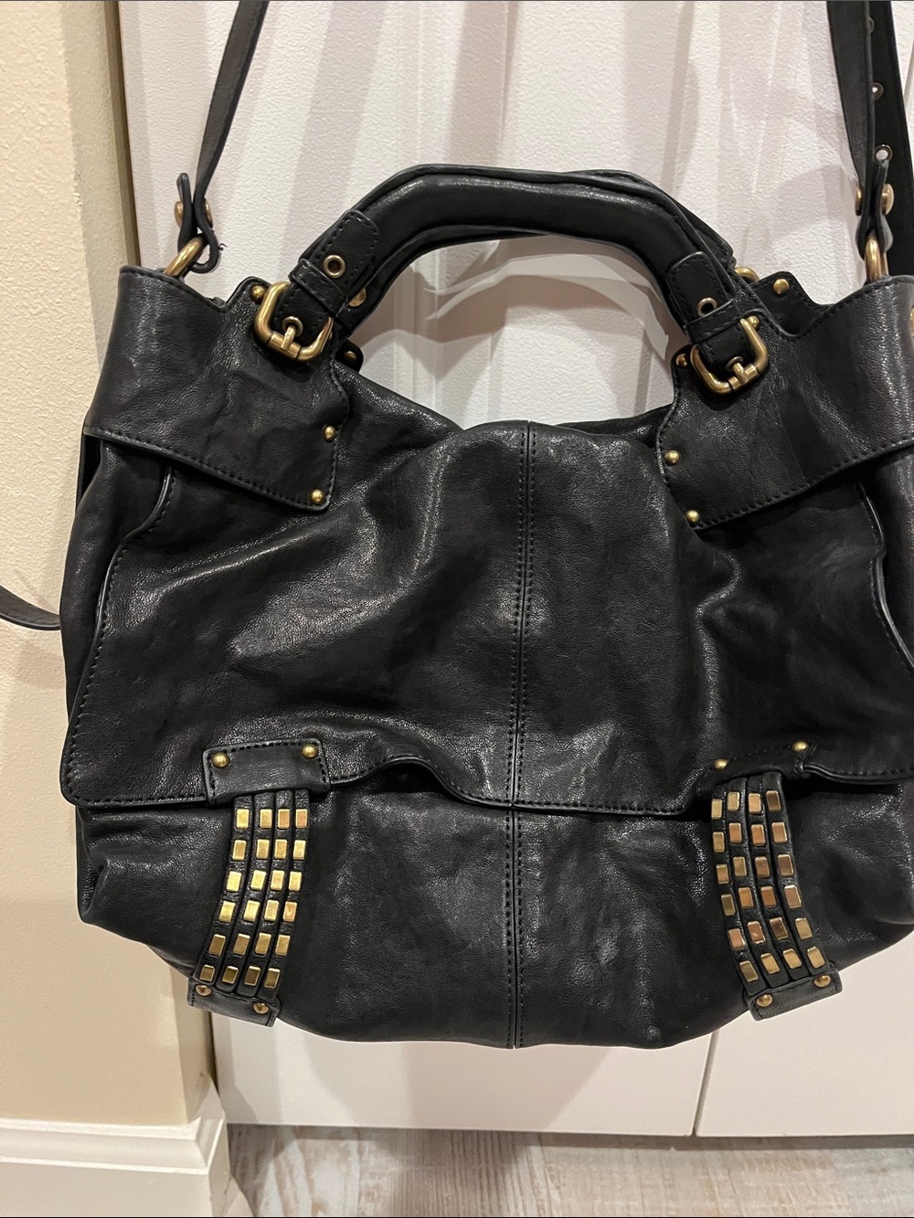Kooba Black Leather Bag with Gold Studs